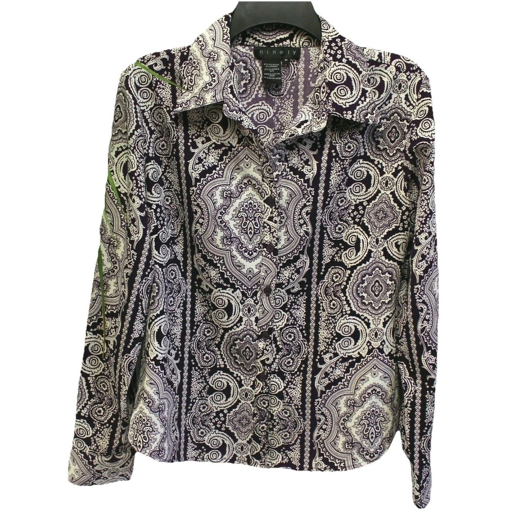 Ninety Women M Top Paisley Blouse Button Down Long Sleeved Shirt Purple Workwear